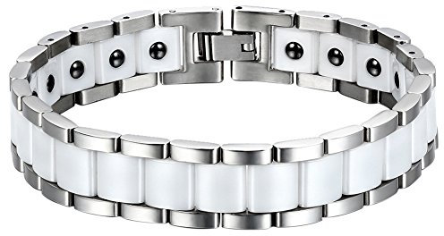 OIDEA Herren Armband, 13mm Breite Edelstahl Keramik Charms Magnet Gesundheit Armkette Armreif Armschmuck Handgelenk, Silber Weiss