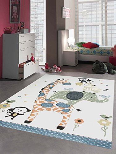 CARPETIA Teppich Kinderzimmer Babyzimmer Zootiere AFFE Giraffe Elefant Zebra blau grün Größe 200 x 290 cm