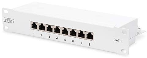DIGITUS Panneau de brassage Cat. 6 – 8 ports – prises RJ45 – montage en rack 10 pouces 1U – panneau de distribution LSA – blindé – gris
