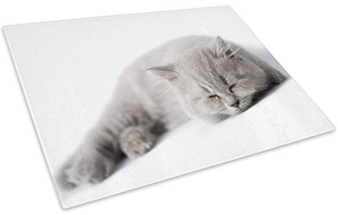 Grey Cat Kitten White Cool Glass Chopping Board Kitchen Worktop Saver Protector