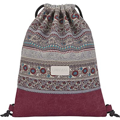 LIVACASA Turnbeutel Mit Reißverschluß Innentasche Sportbeutel Verschleißfest Hipster Gymbag Gym Beutel Gefüttert Rucksack Mit Verstellbar Tunnelzug Sport Tüte Gym Sack für Damen Herren Böhmisch Rot