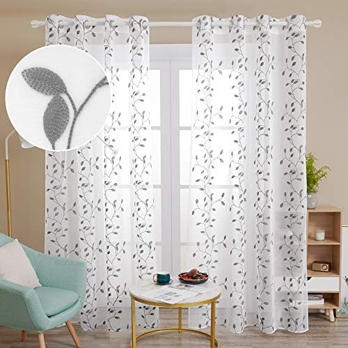 Deconovo Gardinen Stores Schlafzimmer Vorhang Leinenoptik Gardinen mit Ösen Weiss Transparent Dekoschal Kinderzimmer Schal Blatt, 240x140 cm(HöhexBreite), Grau, 2er Set