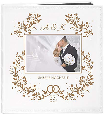 Maverton Fotoalbum zum Selbstgestalten mit Bildausschnitt & Gravur zum Jubiläum - Fotobuch zum Einkleben - 240 Fotos im Format 10x15-60 schwarze Seiten - Größe 33x30cm - Weiß - Hochzeitsgeschenk