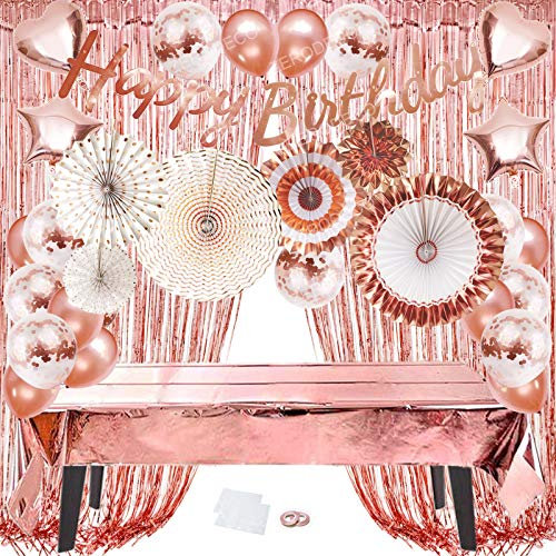 ZERODECO Geburtstagsdeko Rosegold, Happy Birthday Girlande Papierfächern Konfetti Ballon Tischdecke Glitzer Vorhang Herz Stern Folienballon Roségold Geburtstag Party Dekorationen für Mädchen Kinder