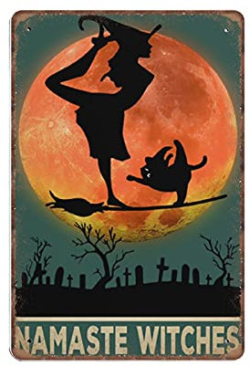 Dreacoss Yoga Blechschilder – Namaste Hexen Poster, Yoga Meditation Wandkunst, Hexe und schwarze Katze Gothic, Magic Witch Vintage Home Decor Vintage Poster Metall Blechschild Küche Retro Salon, 20 x
