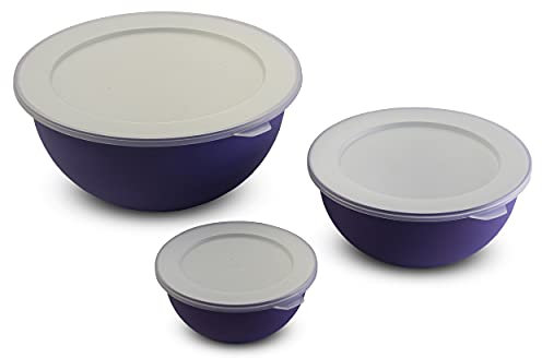 omada Design, Set mit 3 Salatschüsseln mit Deckel (0,5 l - 1,5 l - 3,5 l) innen weiß und außen bunt, Microban antibakteriell, Linie Sanaliving