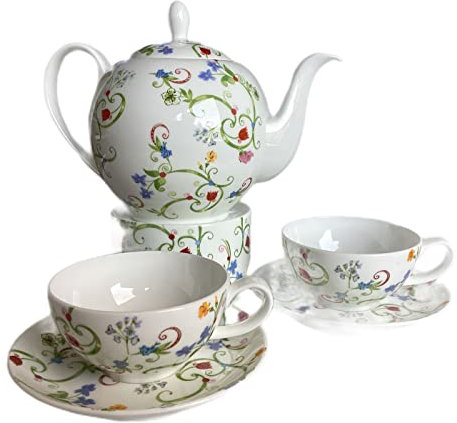 Dekomiro Set TeaLogic Fleurtte 6 Teil. Teeservice Teekanne 1 L mit Stövchen 2 Tasse 0,2 L mit Untertasse mit Spülmittel gratis