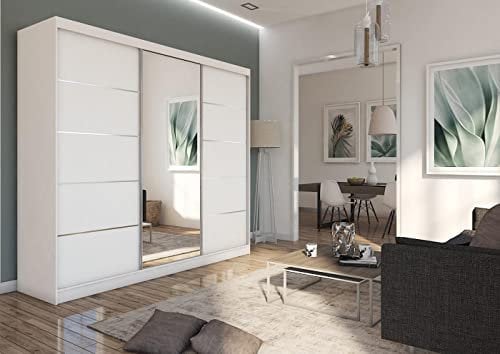 WFL GROUP Moderner Kleiderschrank Schwebetürenschrank Weiß mit Spiegel 120 150 180 200 cm - Weiß Matt Kleiderschrank für Schlafzimmer mit Schiebetüren - Kleiderstange - 240 cm - Weiß