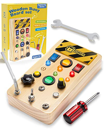 YORKOO Montessori Busy Board for Boys and Girls,Wooden Sensory Toys for 3 4 5 6 7 Year Old Kids Preschool Learning Toys for Toddlers Boys Mini Screw Driver Tools Travel Games Christmas Birthday Gifts