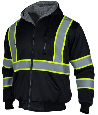 Men's High Visibility Fleece Lined Safety Hoodie,Reflective Winter Bomber Jacket,Hi Vis Construction Sweatshirt Workwear for Men(Black,5XL)
