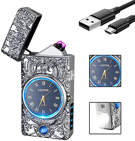GADATOP Drache Elektrisches Plasma-Feuerzeug Mit Uhrendesign - USB-Aufladbar, Winddicht, Bogenfeuerzeug für Grill und Camping (Silbrig)