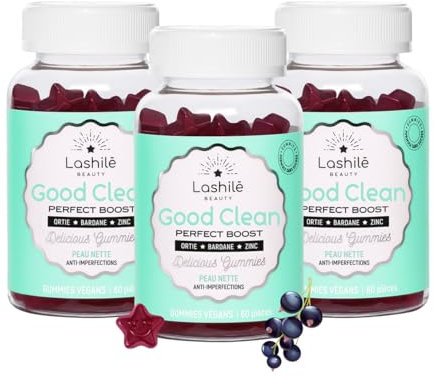 Lashilé Beauty - Good Clean - Peau Nette & Anti-Imperfections - Régule le Sébum & Purifie - Complément Alimentaire Végan - Made in France- Bardane, Ortie, Zinc - Cure 3 Mois (180 Gummies)