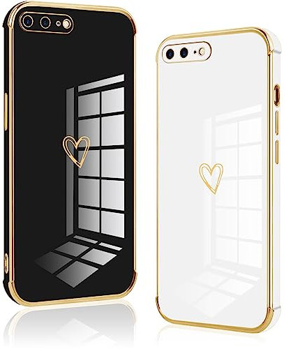 Vauki 2 Stück für iPhone 8 Plus/iPhone 7 Plus Hülle, Silikon Handyhülle Herz Motiv Schutzhülle Kameraschutz Stoßfest Bumper Case für iPhone 8 Plus - Schwarz und Weiß, black+white