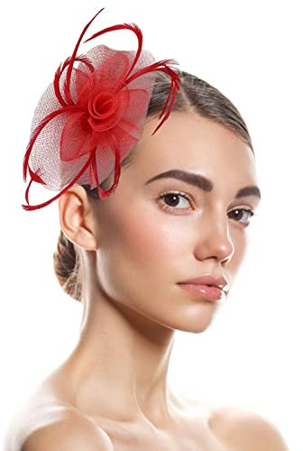 Fascinator Hut Damen Hochzeit Kopfschmuck Hüte Hat Clips Schleier Stirnband Tea Party Mesh Kopfbedeckung Frauen Pillbox Hut Haarschmuck für Kirche Halloween Cocktail Club Rot