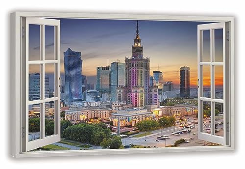 HUBDECO Leinwandbild Fensterblick Warschauer Kulturpalast Bild 100x70 cm - Landschaftsbilder auf Leinwand - Wandbilder Wohnzimmer - Bild Fenster mit Ausblick - Aesthetic Room Decor - Wanddeko