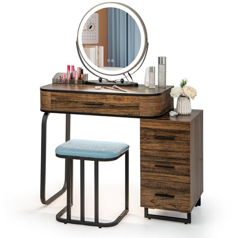 COSTWAY Dressing Table and Stool Set with 3-Color LED Lights Swivel Mirror, Charging Station, Drawers Cabinet and Human Body Induction, Bedroom Dresser Cosmetics Makeup Vanity Table Set (Brown)