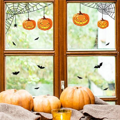 Hiseng Halloween Kürbis Spinnennetz Schläger Muster Fensterbilder, 2 Blatt (21 Stück) Fensteraufkleber Fenster Abziehbilder Fensterdeko Aufkleber Fenster Aufkleber, Doppelseitig (Halloween Party)