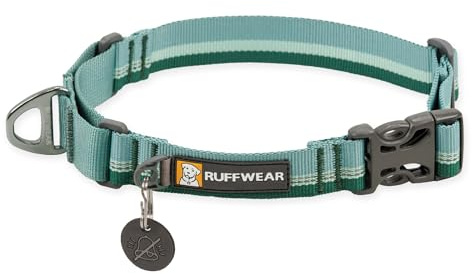 RUFFWEAR Web Reaction Hundehalsband, verstellbares Martingal-Halsband mit Aluminium-V-Ring und seitlicher Öffnung, bequemer Stoff, reflektierendes mit Schlauchlock-Gurtband River Rock Green 20-23