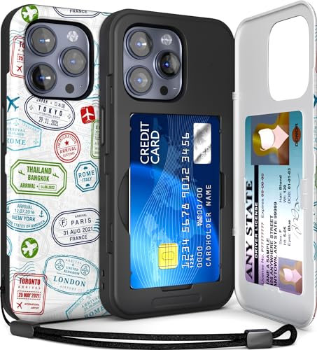 TORU CX SLIM for iPhone 15 Pro Case Wallet | Protective Shockproof Heavy Duty Cover with Hidden Card Holder & Card Slot | Mirror & Wrist Strap Included - Travel Stamps