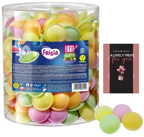 Frisia Flying Saucer Sweets Bulk (300pcs) Sour Citric Wafers Fruit Flavours Fizzy Sweets Tub 375g & Card - Gluten Free Sweets for Kids Birthday, Halloween, Party Bag Fillers