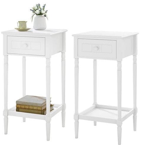 WOLTU 2er Set Nachttisch Schmal, Nachtschrank mit Schublade offener Ablage, Barock Beistelltisch Weiß, 35x70,5x35 cm, Sofatisch für Schlafzimmer Wohnzimmer, Beine aus Massivholz, NTS09ws-2