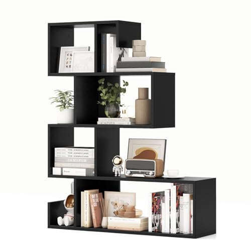 COSTWAY 4-Tier Wooden Bookshelf, S-shaped Cube Storage Bookcase Display Stand with Anti-tipping Device, Freestanding Geometric Shelving Unit Room Divider for Living Room Bedroom Office (Black)