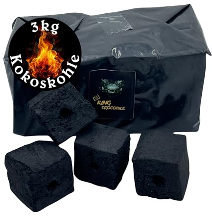 King Crocodile Kokosnuss Kohle Cubes 40x40mm 3kg I Kohlewürfel mit Zugloch I Nachhaltige Naturkohle mit Langer Brenndauer & wenig Asche I Grillkohle mit geringer Rauchentwicklung