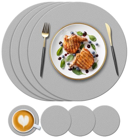 KERYCHIN 4 Round Silicone Placemats(34cm) and 4 Coasters(10cm) Set, Heat-Resistant 450 °F Place Mats, Non-Slip and Washable, Table Mats for Restaurant Indoor, Outdoor Glass Dining Table, Light Grey