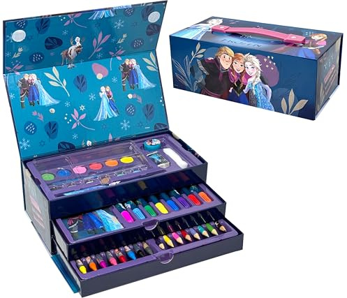 Clondo Maletín de colores para niñas con rotuladores con 52 piezas, para Frozen Fan, ceras, kit dibujo y pintura, idea regalo niña, Elsa, Anna