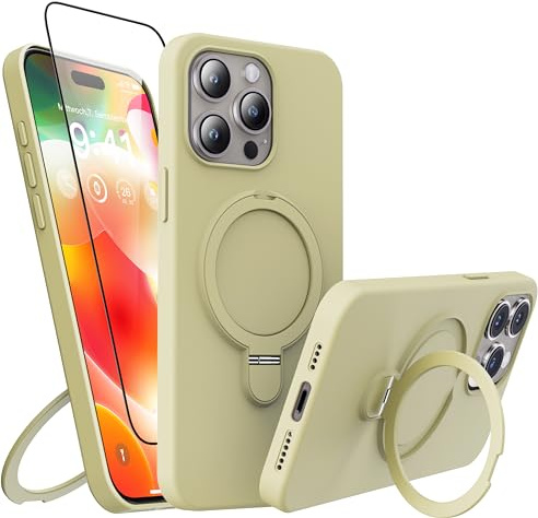 Chrinip 3 in 1 Magnetic Stand for iPhone 14 Plus Case, Liquid Silicone Case,[Compatible with MagSafe][Built-in Kickstand&Ring Holder] Anti-Scratch Soft Microfiber Lining, Yellow