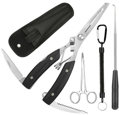 Annyswit 3 Pcs Portable Fishing Pliers Snips Set with Lanyard & Curved Fishing Forceps & Disgorger & Sheath Sea Fishing Multi Tool Pliers Hook Remover Line Cutter for Removing Hooks & Split Rings
