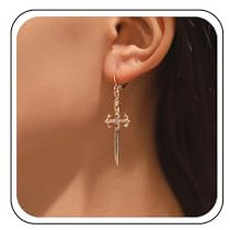 TseenYi Sword Hoop Dangle Earrings Gold Crystal Dagger Earrings Vintage Cross Drop Earrings CZ Knife Crucifix Dangle Earrings Long Cross Sword Drop Huggie Earrings