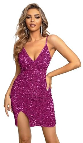 Vestidos de fiesta de cóctel cortos con lentejuelas para adolescentes, con tirantes delgados, con cuello en V, ajustados, mini vestidos de graduación, fucsia, M