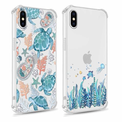 Yomjew 2 Pack Cute Blue Turtle Phone Case for iPhone X/XS 5.8, Aesthetic Cartoon Animal Design Clear Cases Slim Soft Silicone TPU Shockproof Protective Fundas for Girls Women Men