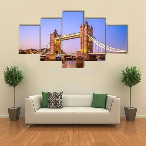 5 Teile Nachtansicht der Tower Bridge in London Malerei Tuch Plakat Wanddekoration, Wandkunst Druckset (Rahmenlos)