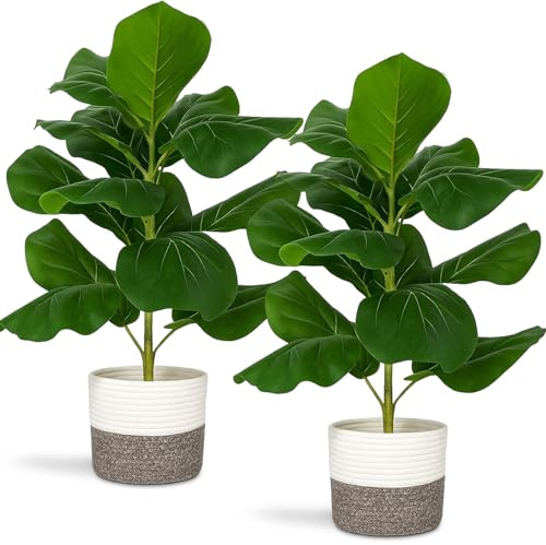 Giegxin 2 Pcs Artificial Summer Fiddle Leaf Fig Trees, 2.7 ft Tropical Theme Artificial Ficus Lyrata Fake Potted Plant with Cotton Rope Baskets for Home Office Bedroom Decoration Gifts