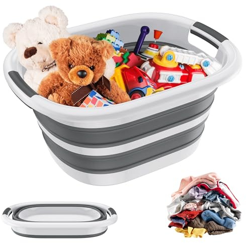 YRHome Faltbarer Wäschekorb Plastik Wäschekorb Grau aus Kunststoff Aufbewahrungsbehälter Waschbehälter Tragbarer Wäschewanne Weiß Laundry Baskets mit Griff für Waschküche Badezimmer - 40L - 60x45x27cm