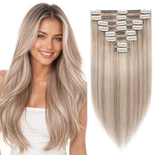 Elailite Clip in Hair Extensions Real Human Hair Black Double Weft Thick Remy Natural Hair - 8 Pieces Full Head Straight - #18Y/613 Ash Blonde Mix Bleach Blonde - 22 Inch (160 g)