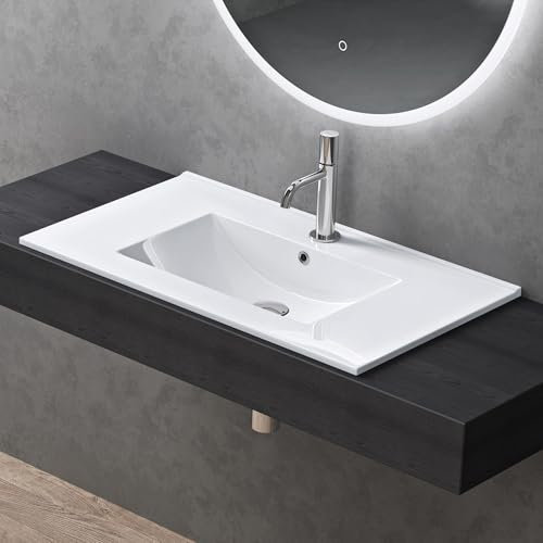 doporro Lavabo à Encastrer Blanc Vasque en Céramique Lave Mains Rectangulaire de Qualité pour Salle de Bain 81x47x18cm Brüssel912