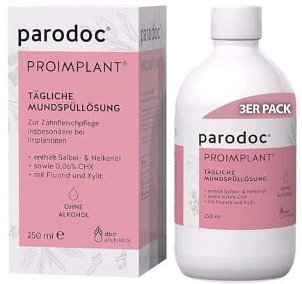 doc phytolabor parodoc PROIMPLANT 3 x 250ml |﻿﻿ tägliche Mundspüllösung - Zahnfleischpflege Implantate | Salbei Öl - Nelken Öl - mit Fluorid - Xylit - ohne Alkohol