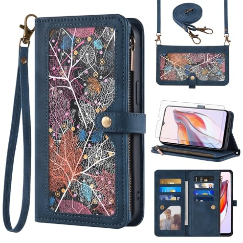 Asuwish Handyhülle für Xiaomi Redmi 12C Hülle mit Band Folie Schutzfolie Kartenfach Klappbar Leder Geldbörse Ständer Poco C55/Redmi12C 12 C 128GB Reißverschluss Hüllen Schutzhülle Phone Case Blau
