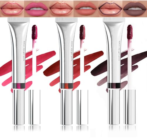 Peel Off Lip Stain, 3 Farben Matte Tattoo Peel Off Lip Liner Set, Wasserfest & Langlebig Abziehbarer Lipgloss Set, Hochpigmentiert Lip Plumper, Non-Stick-Cup Lip Tint, Peeling Lippenkonturenstift