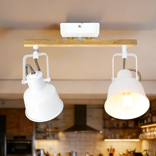 Aulaiyi Deckenstrahler 2 Flammig, Schwenkbar 350°, Vintage Deckenlampe LED Deckenleuchte, E14 Fassung Industrial Holzmaserung Spotbalken für Küche, Wohnzimmer, Schlafzimmer, Weiß (Ohne Leuchtmittel)