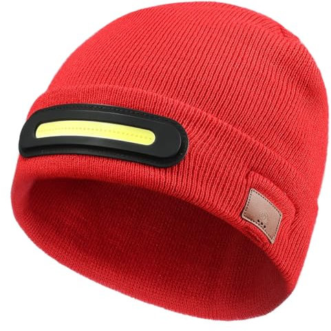 RANCOVY Bluetooth Beanie with Light, Musical Knitted Hat with Headphone and Built-in Speaker Mic, LED Beanie with Bluetooth for Men Women Red