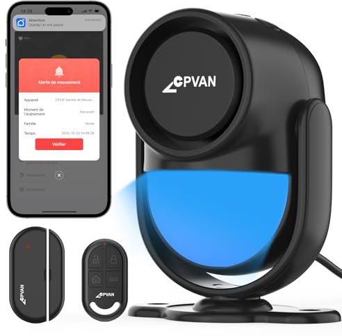 CPVAN Alarme Maison sans Fil, 2.4GHz WiFi PIR Détecteur de Mouvement avec Alertes APP, PIR Alarme Hôte + 1 Télécommande + 1 Capteur de Porte/Fenêtre,Noir