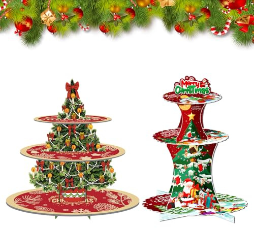 Cupcake Ständer Weihnachten 3-stöckig mit 2 Motiven - Tortenständer aus verstärktem Karton, 37x28cm, ungiftig & leicht reinigbar - Etagere für Weihnachtsfeier