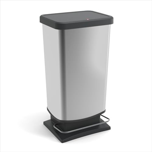 Rotho Paso Mülleimer Küche 40 L Eimer mit Deckel und Pedal Silber Metallic | Mülleimer Bad und Abfalleimer Küche, robustes Metall-Fußpedal, geräuschloser Deckeldämpfer, praktischer Beutelring im Alltag