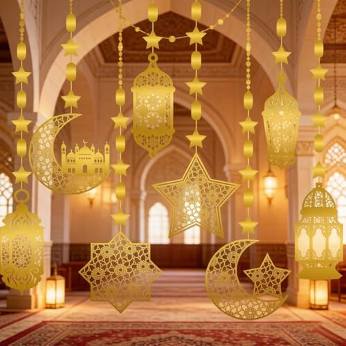 Décoration Ramadan Mubarak - 8 Guirlandes Lumineuses en Forme de Lune et Étoiles - Décoration Intérieure et Extérieure pour Ramadan et Aïd