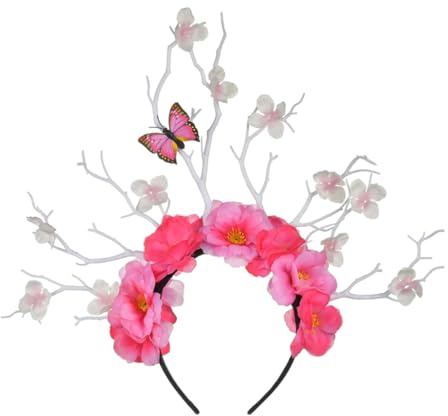 NUOBESTY Rosa Geweih Haarreif mit Schmetterlingen und Großen Blumen Dekorativer Rutschfester Party Kopfschmuck für Frauen und Festival