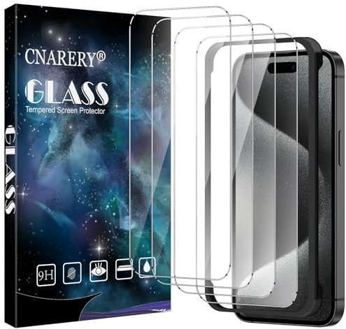 Cnarery Screen Protector for iPhone 15 Pro 6.1-Inch, 4 Pack | Full-Coverage Tempered Glass Film with Installation Frame, Anti Scratch, Anti Impact, HD Clear, Bubble Free, Case Friendly